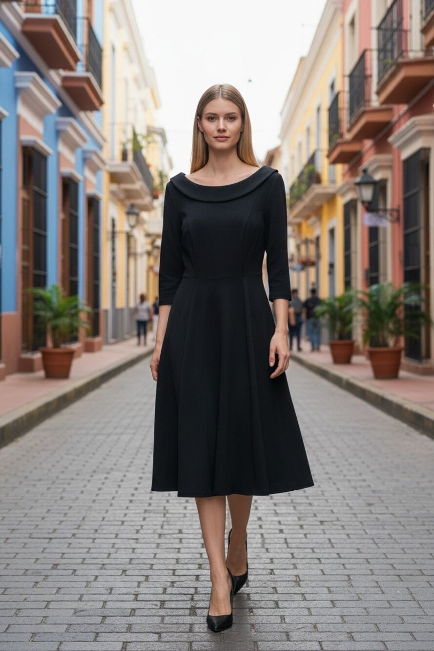 Boden portrait collar midi dress black sz 12 pleated A-line skirt